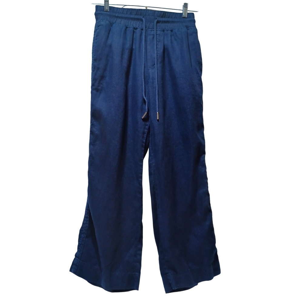 Quince Womens M Deep Navy 100% Linen Wide Leg Pants Coastal Quiet Luxury Resort